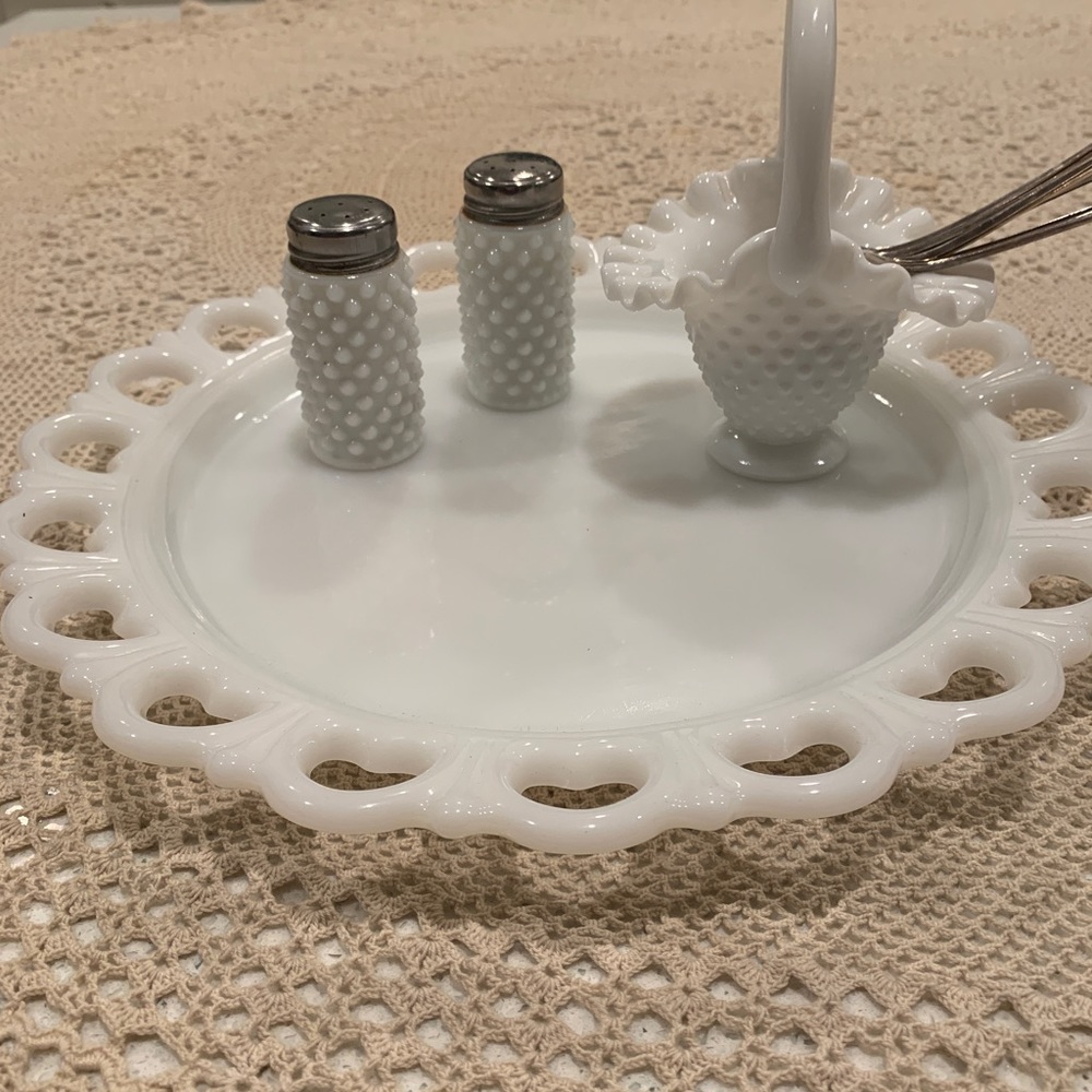 Vintage milk glass plater or tray with salt & pepper & sugar pot